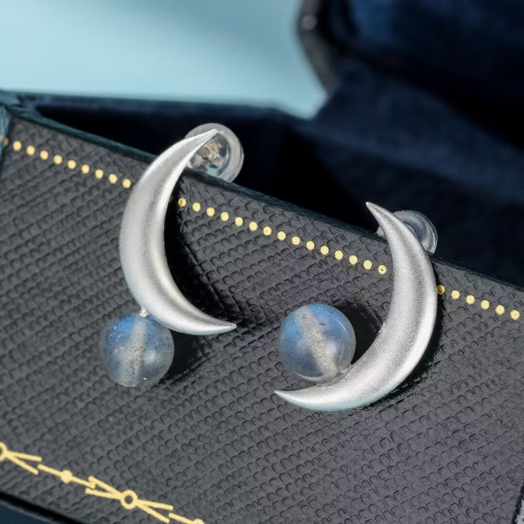 Boucles d'Oreilles Labradorite – Croissant Enchanté, Argent