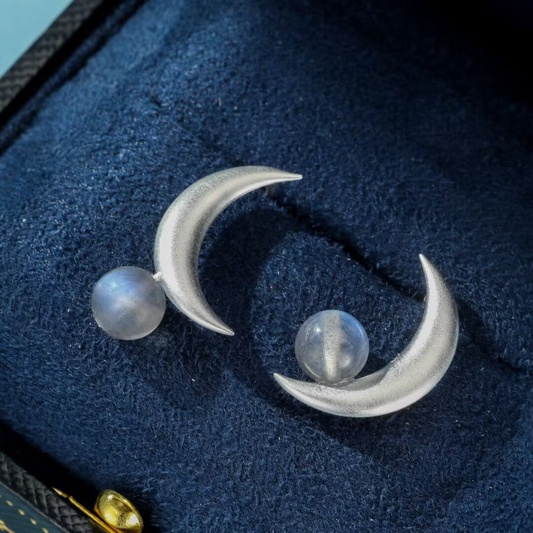 Boucles d'Oreilles Labradorite – Croissant Enchanté, Argent