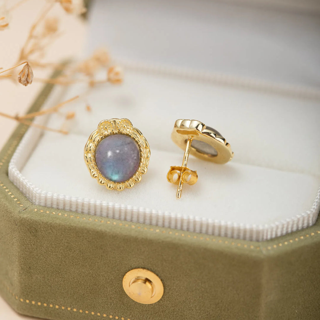 Boucles d'Oreilles Labradorite – Sagesse Antique, Argent Plaqué Or