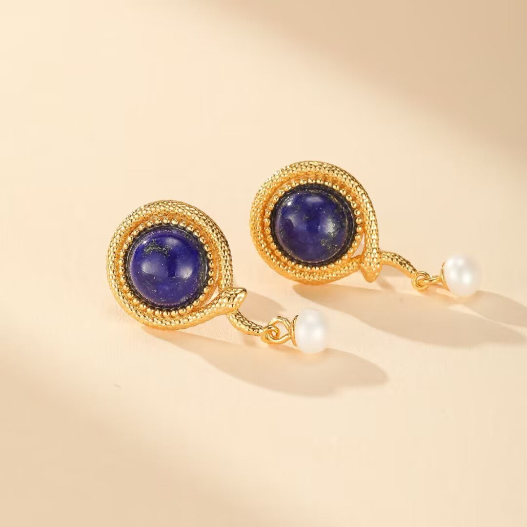 Lapis Lazuli Serpent Earrings – Luminous Pearl, Gold Plated Silver