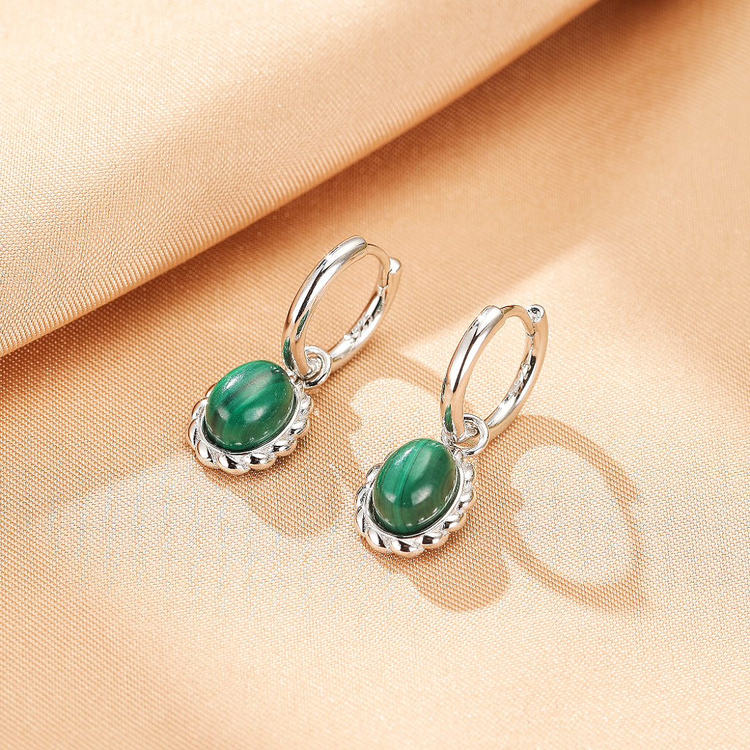 Malachite Earrings – Oval Charm, Silver