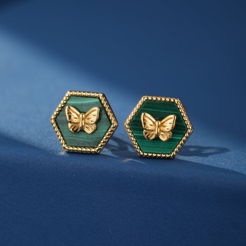 Boucles d'Oreilles Malachite – Élégance Papillon, Argent Plaqué Or