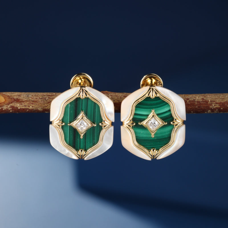 Boucles d'Oreilles Malachite et Nacre – Astres en Verdures, Argent Plaqué Or