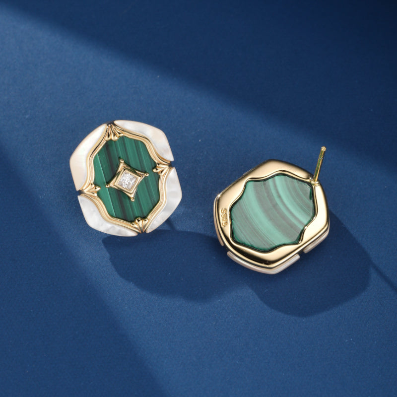Boucles d'Oreilles Malachite et Nacre – Astres en Verdures, Argent Plaqué Or