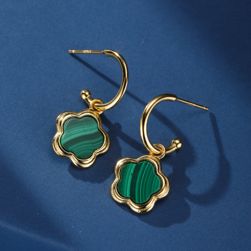 Boucles d'Oreilles Malachite – Étoile Fleur, Argent Plaqué Or