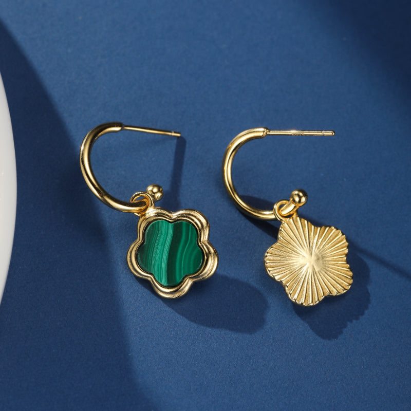 Boucles d'Oreilles Malachite – Étoile Fleur, Argent Plaqué Or