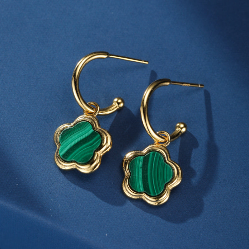 Boucles d'Oreilles Malachite – Étoile Fleur, Argent Plaqué Or