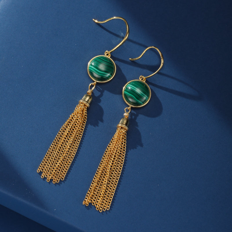 Boucles d'Oreilles Malachite – Glamour, Argent Plaqué Or