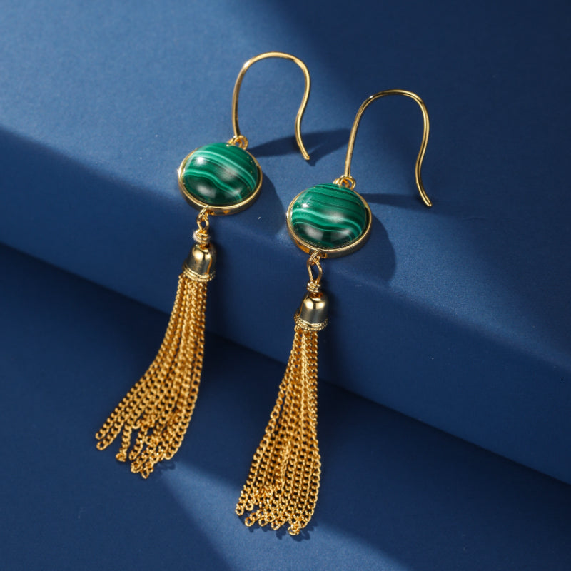 Boucles d'Oreilles Malachite – Glamour, Argent Plaqué Or