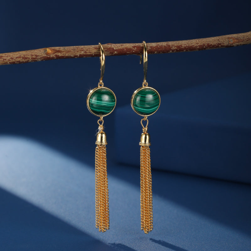 Boucles d'Oreilles Malachite – Glamour, Argent Plaqué Or