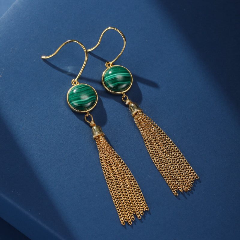 Boucles d'Oreilles Malachite – Glamour, Argent Plaqué Or