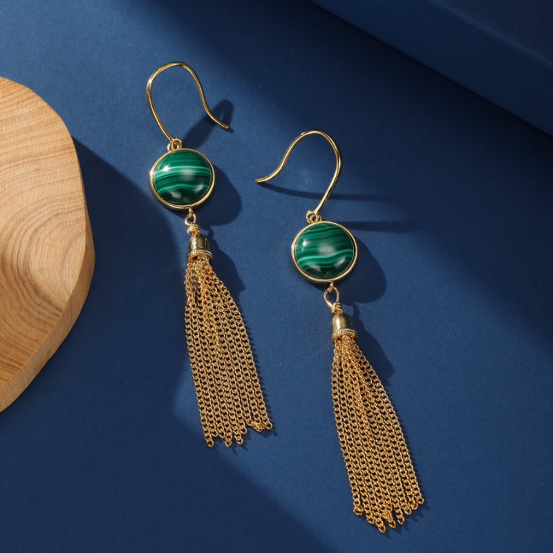 Boucles d'Oreilles Malachite – Glamour, Argent Plaqué Or