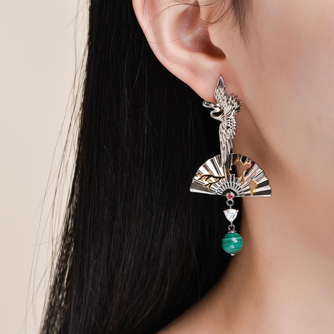 Boucles d'Oreilles Malachite – Grue de Chance, Argent 925
