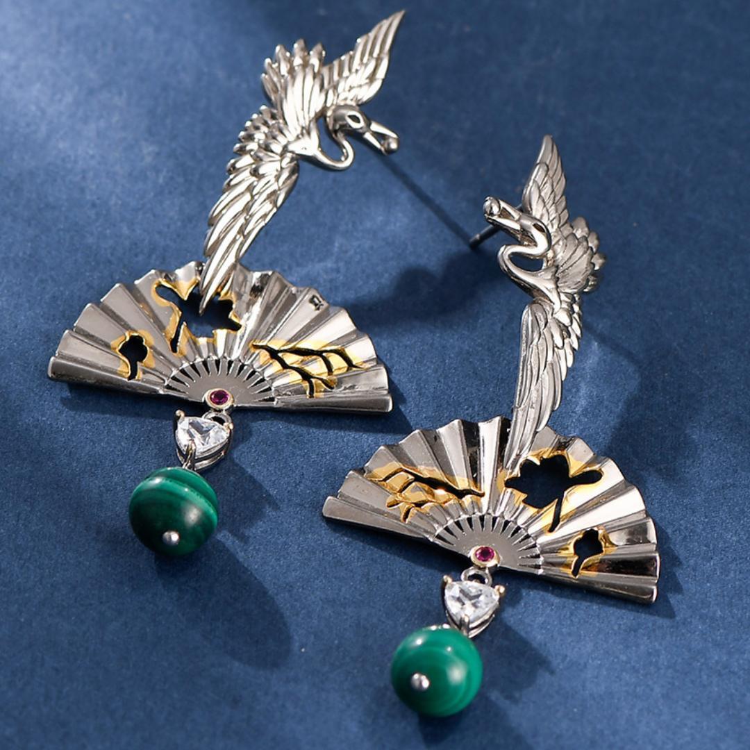 Boucles d'Oreilles Malachite – Grue de Chance, Argent 925