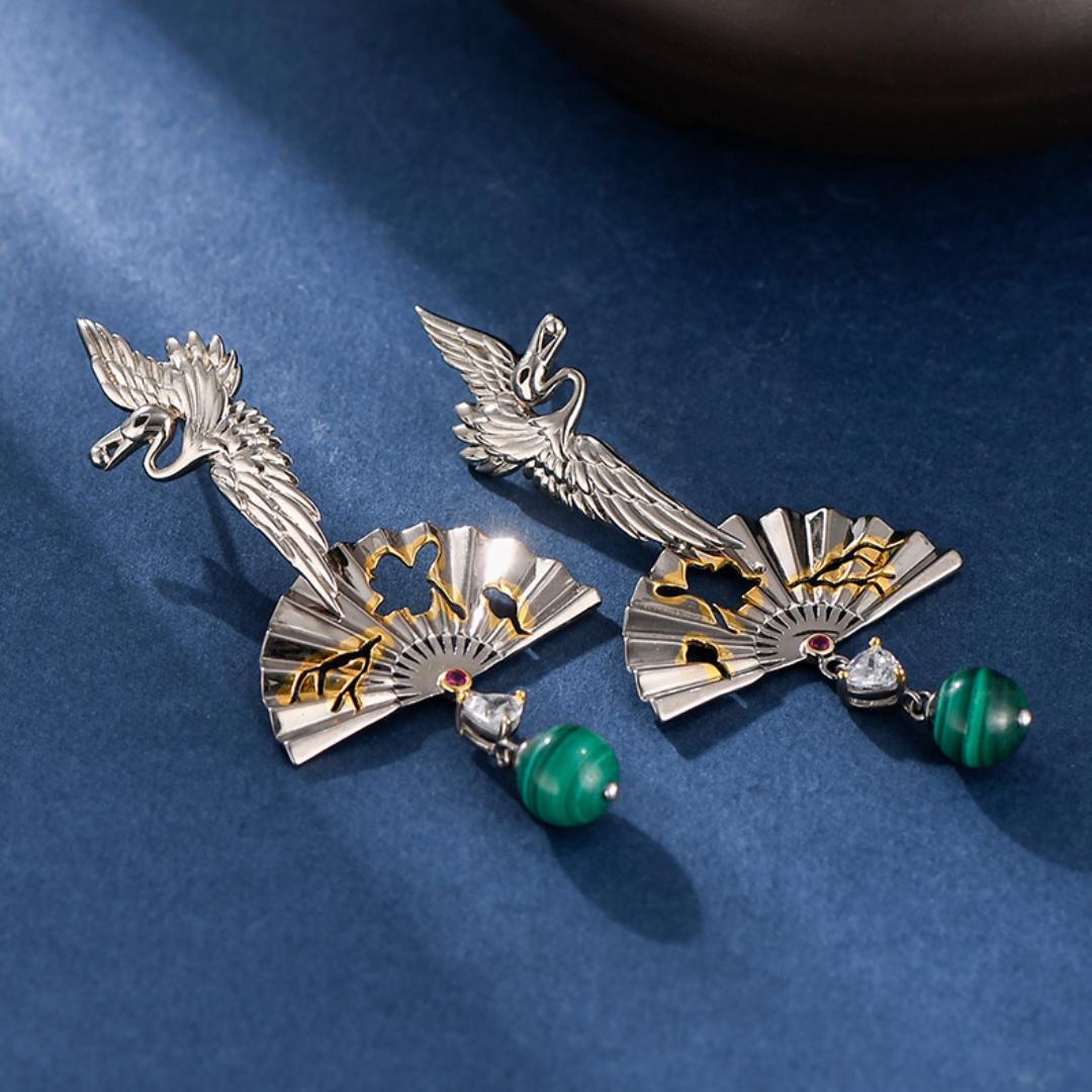 Boucles d'Oreilles Malachite – Grue de Chance, Argent 925