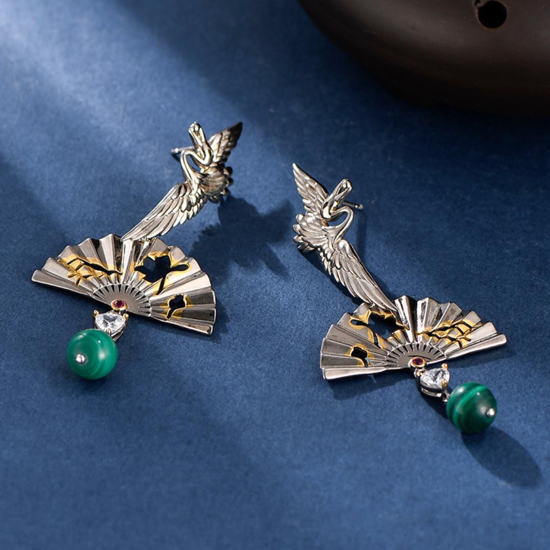 Boucles d'Oreilles Malachite – Grue de Chance, Argent 925