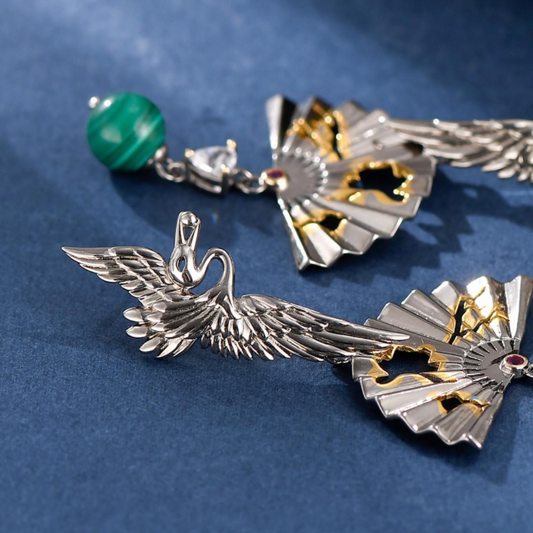 Boucles d'Oreilles Malachite – Grue de Chance, Argent 925