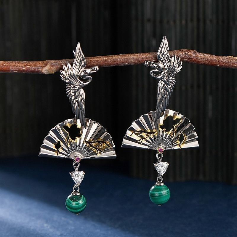 Boucles d'Oreilles Malachite – Grue de Chance, Argent 925