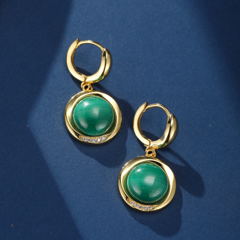 Boucles d'Oreilles Malachite – Harmonie Verte, Argent Plaqué Or