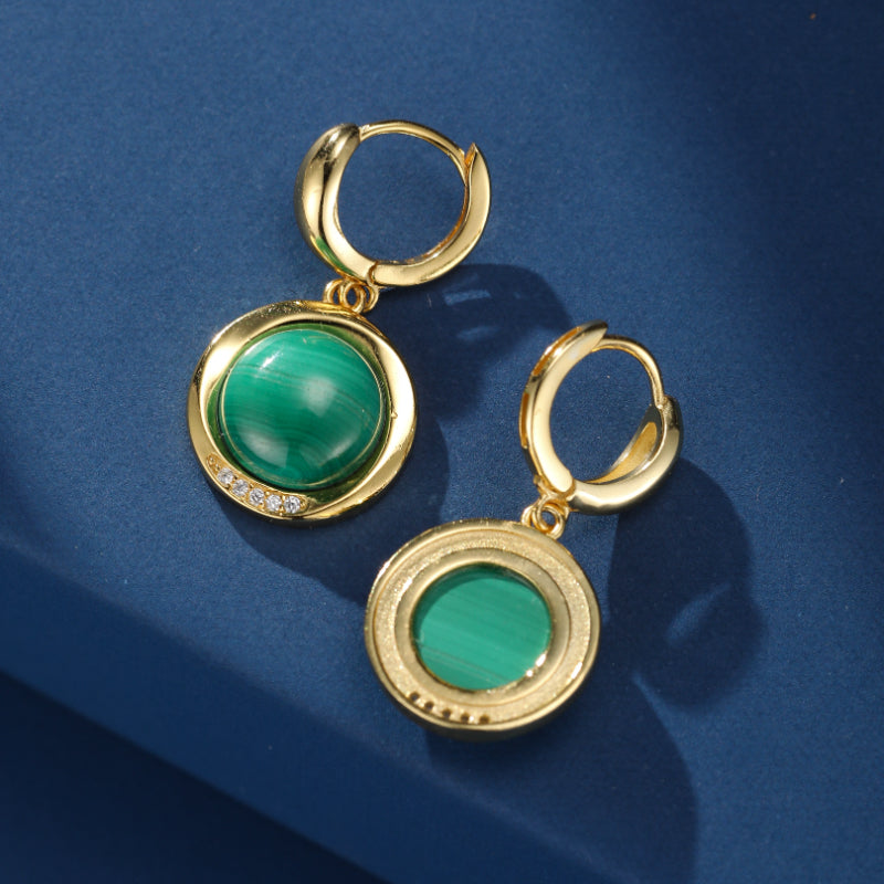 Boucles d'Oreilles Malachite – Harmonie Verte, Argent Plaqué Or