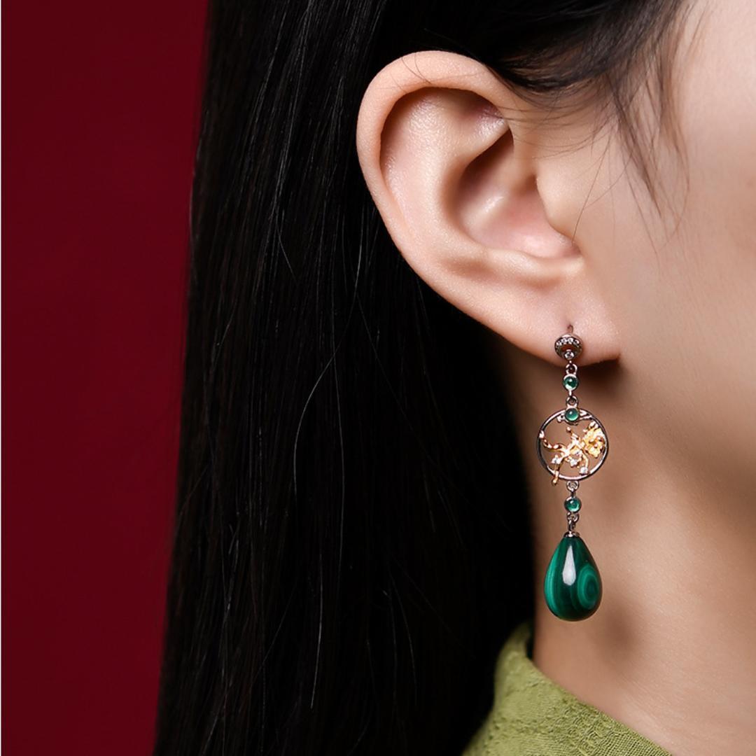 Boucles d'Oreilles Malachite – Lotus de Renouveau, Argent 925