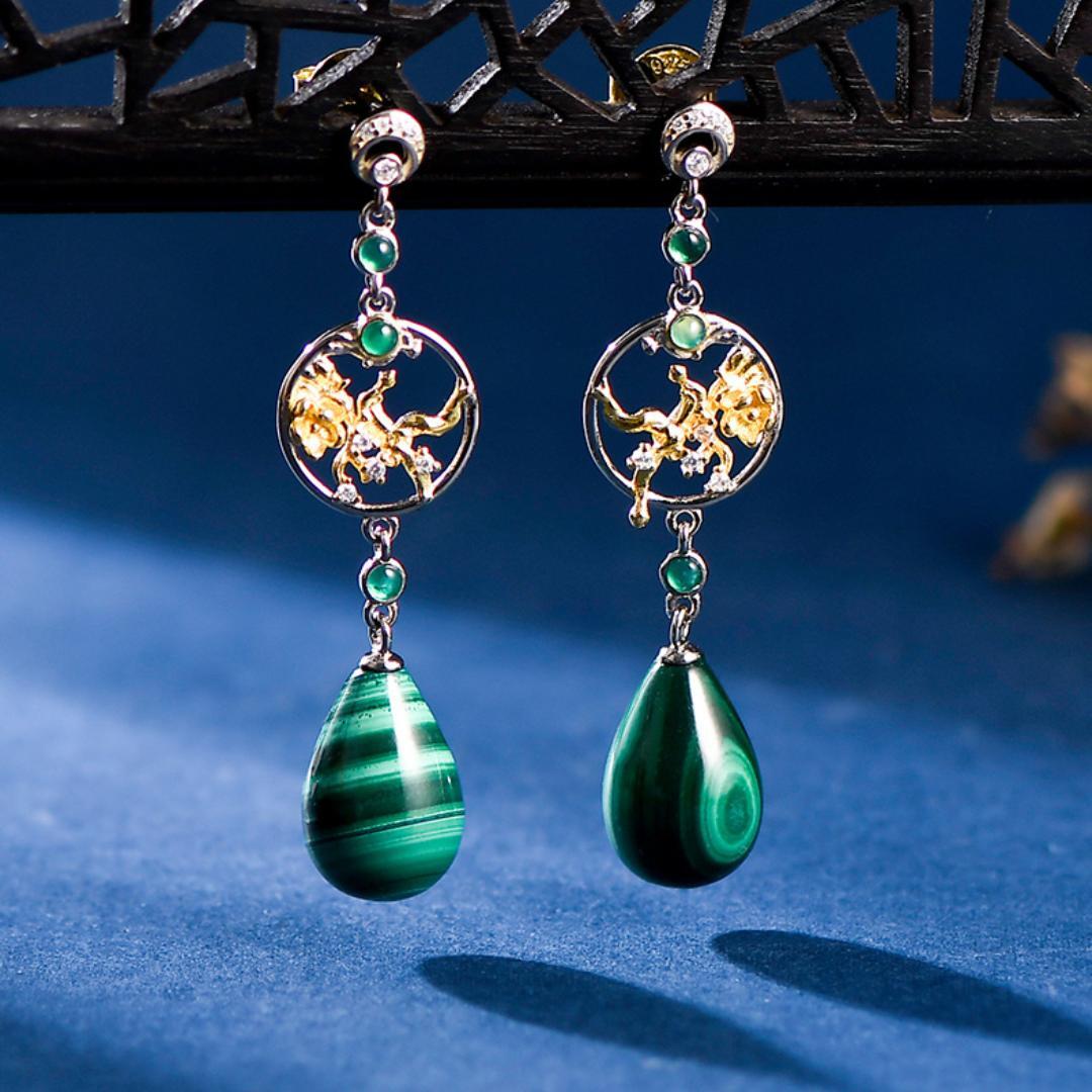 Boucles d'Oreilles Malachite – Lotus de Renouveau, Argent 925