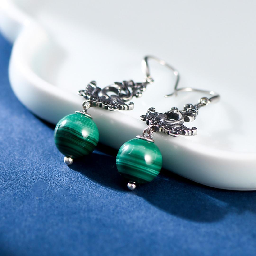 Boucles d'Oreilles Malachite – Phénix de Renaissance, Argent 925