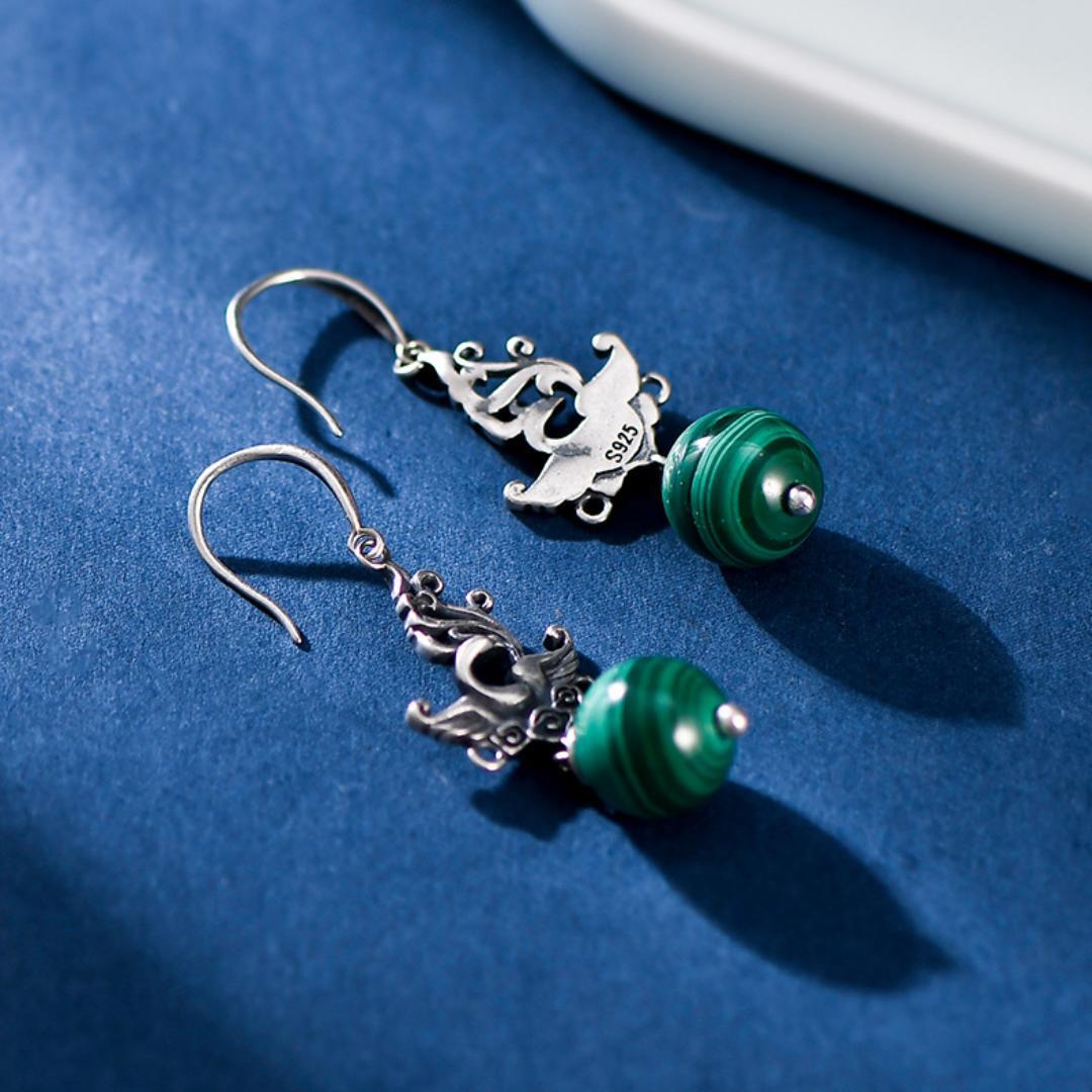 Boucles d'Oreilles Malachite – Phénix de Renaissance, Argent 925