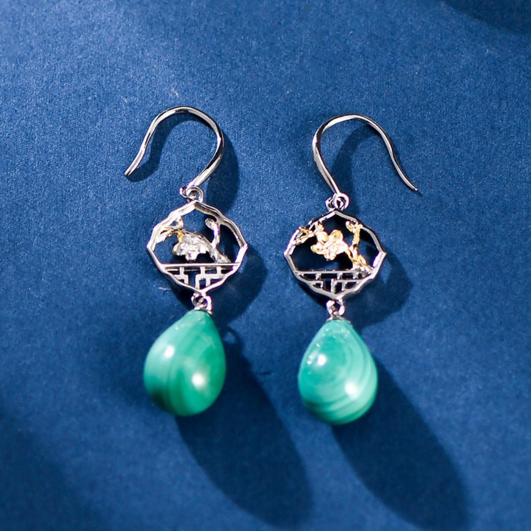 Boucles d'Oreilles Malachite – Sakura, Argent 925