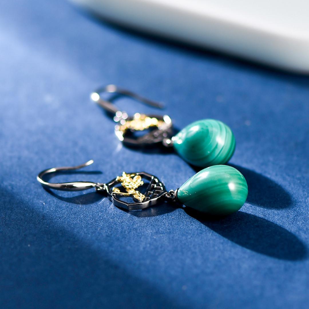 Boucles d'Oreilles Malachite – Sakura, Argent 925