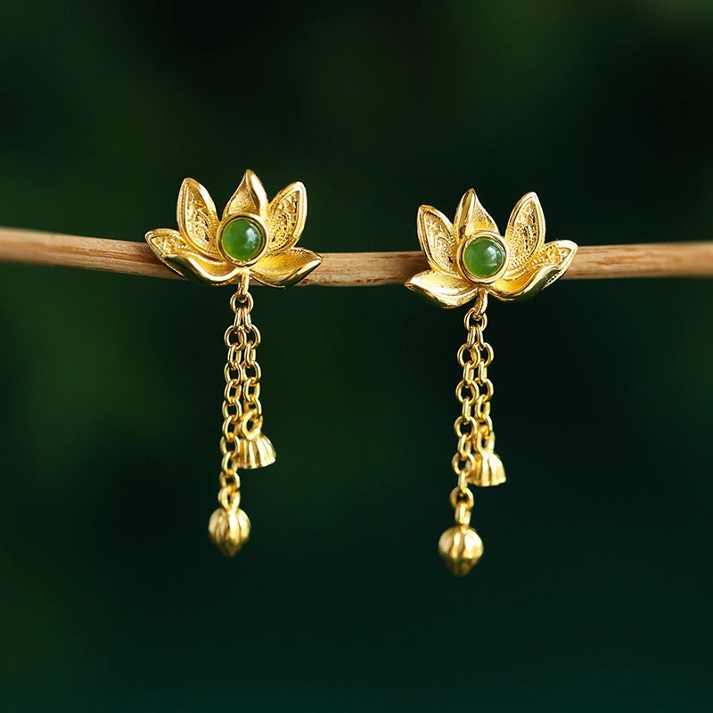 Boucles d'Oreilles Pendantes en Jade – Douceur, Argent Plaqué Or