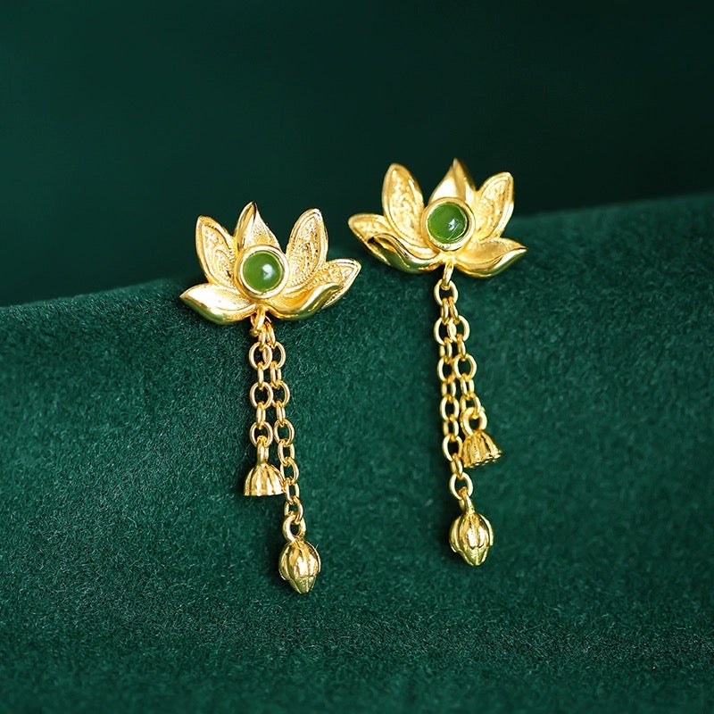 Boucles d'Oreilles Pendantes en Jade – Douceur, Argent Plaqué Or