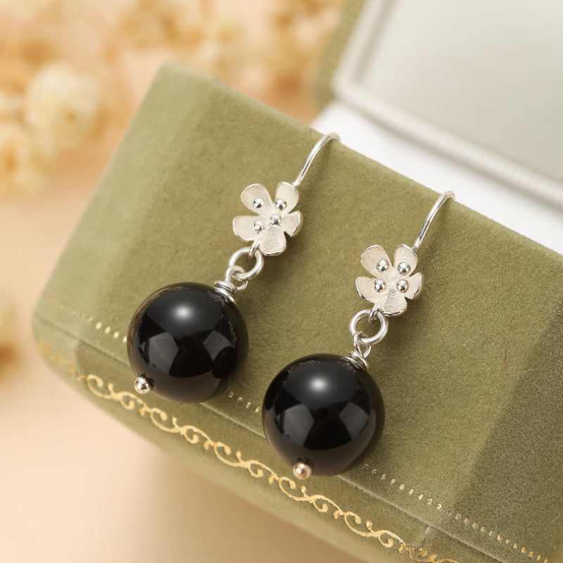Boucles d'Oreilles Pendantes Obsidienne – Floraison Mystique, Argent