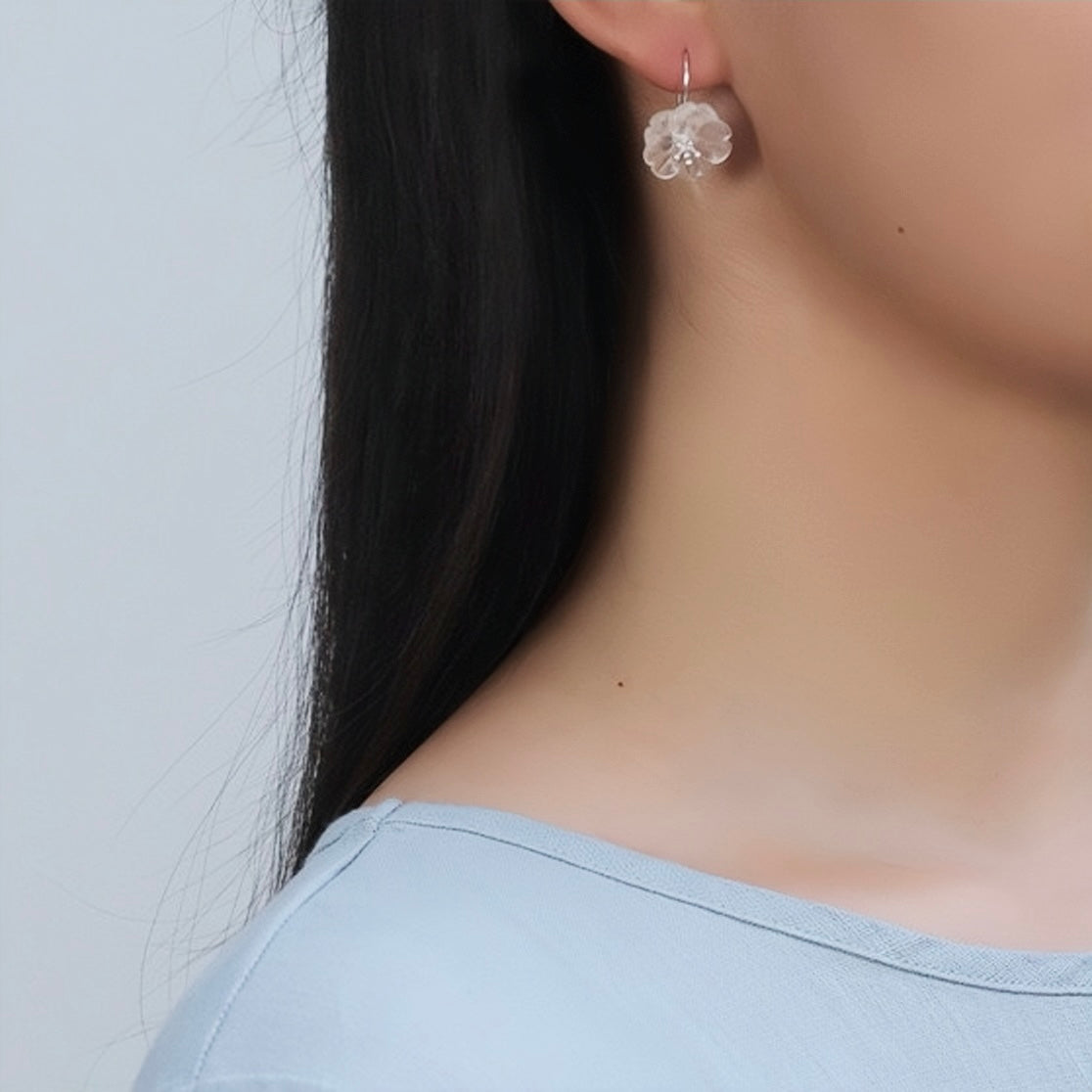 Boucles d'Oreilles Quartz Clair - Élégance Florale, Argent