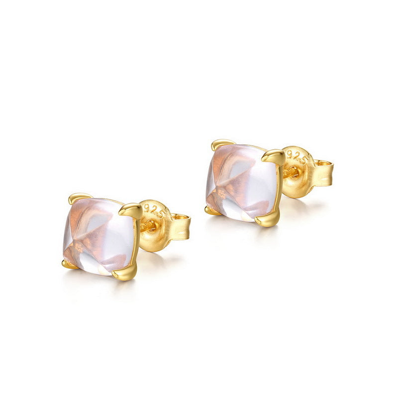 Paire de clous d'oreilles carrés en quartz rose clair et argent plaqué or