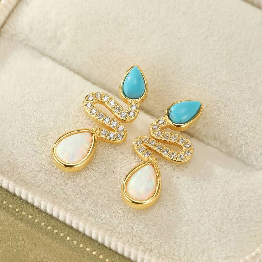 Boucles d'Oreilles Serpent Opale et Turquoise– Larmes de Lagon, Argent 925