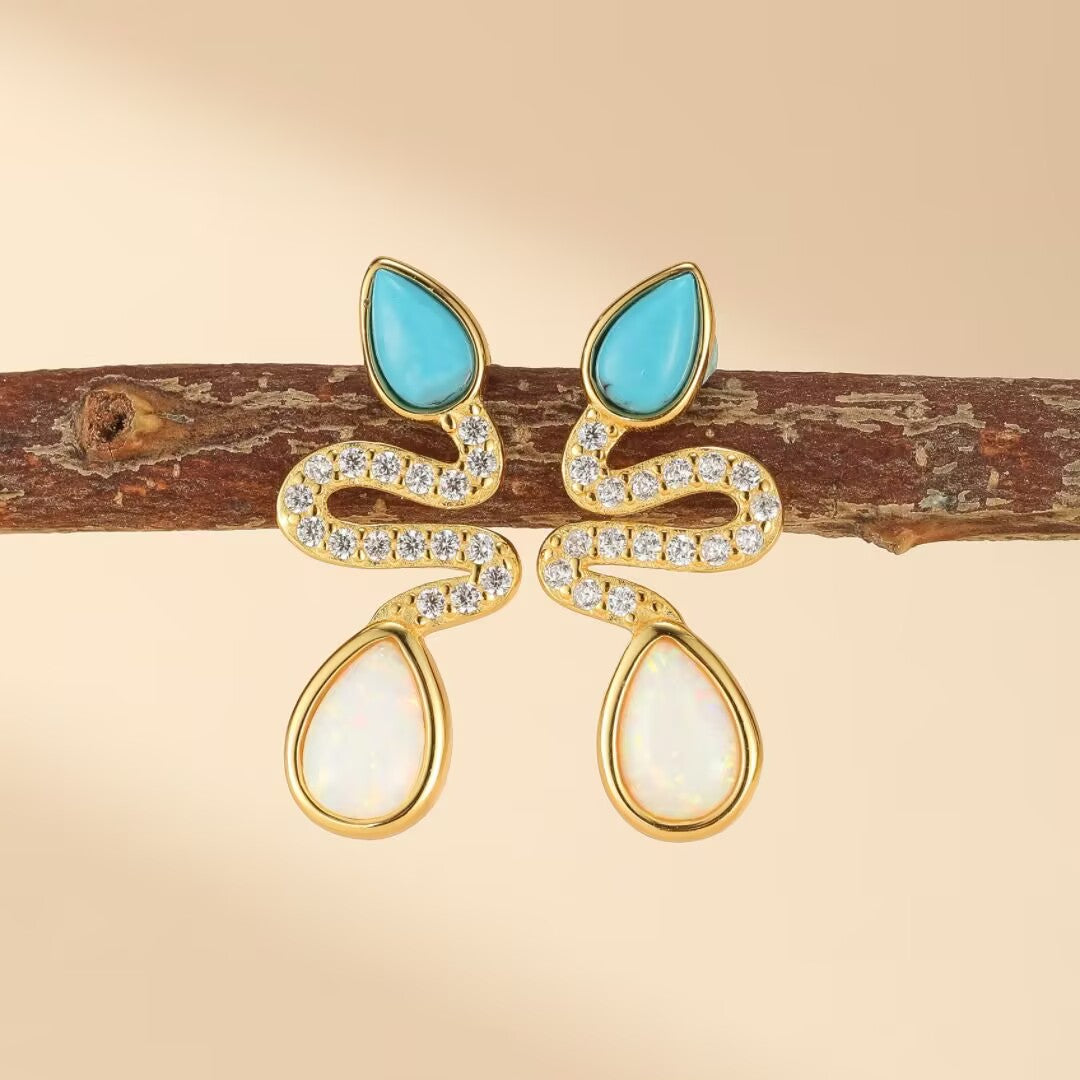 Boucles d'Oreilles Serpent Opale et Turquoise– Larmes de Lagon, Argent 925