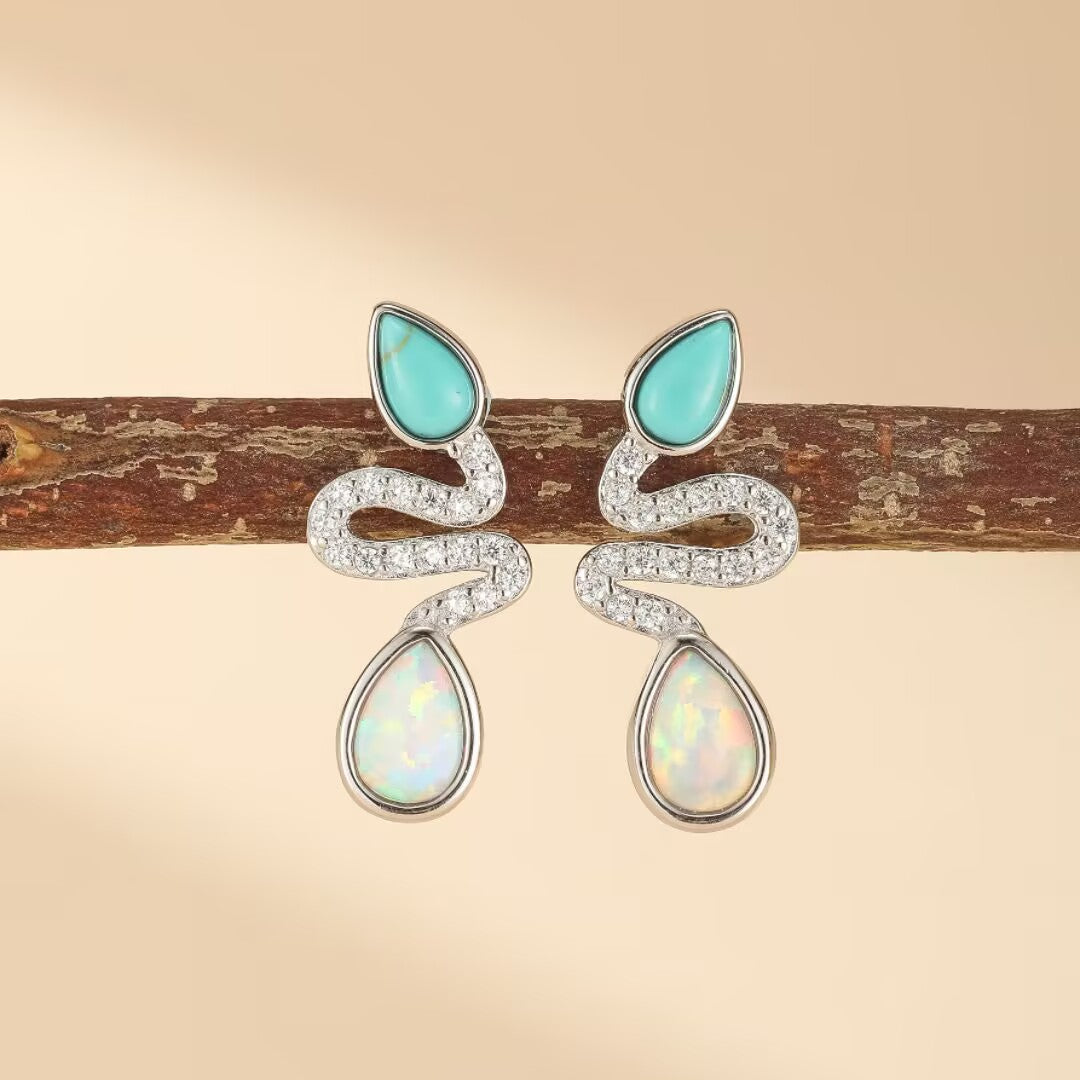 Boucles d'Oreilles Serpent Opale et Turquoise– Larmes de Lagon, Argent 925