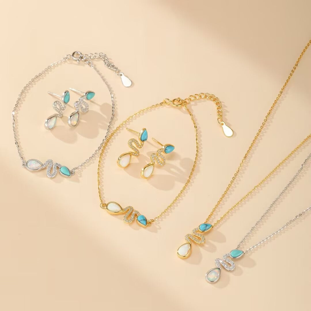 Boucles d'Oreilles Serpent Opale et Turquoise– Larmes de Lagon, Argent 925