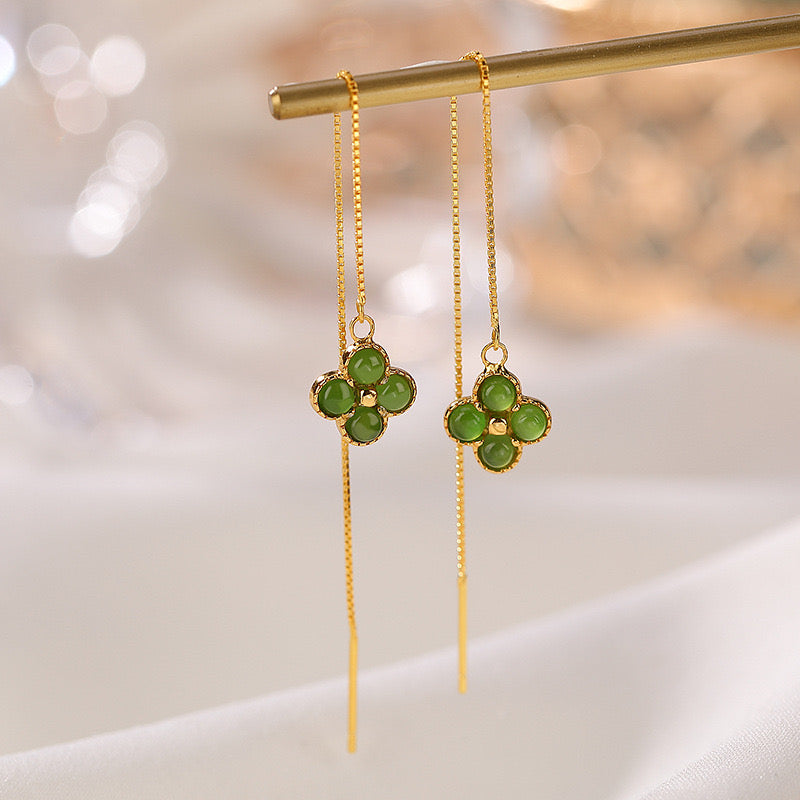 Boucles d'Oreilles Trèfle en Jade – Porte-Bonheur, Argent Plaqué Or