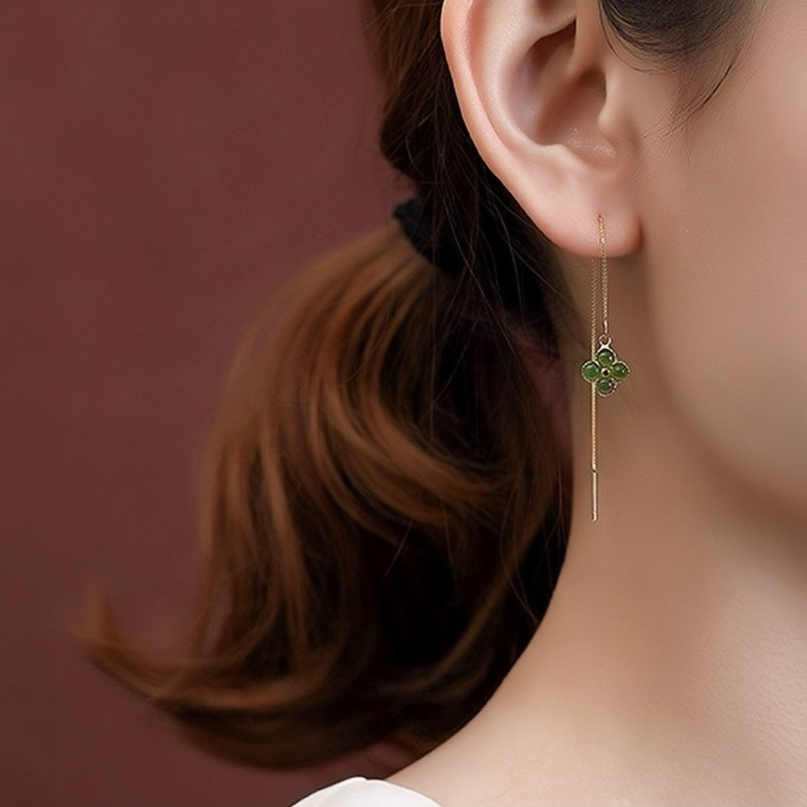 Boucles d'Oreilles Trèfle en Jade – Porte-Bonheur, Argent Plaqué Or