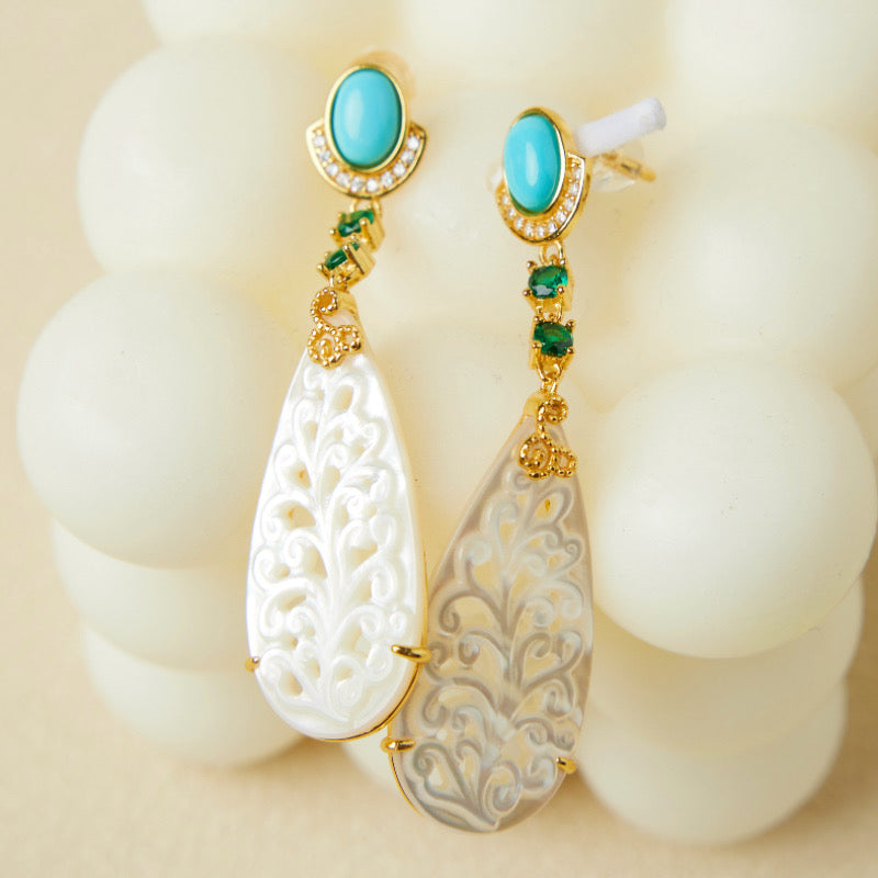 Boucles d'Oreilles Turquoise et Nacre – Élégance Équilibre, Argent Plaqué Or