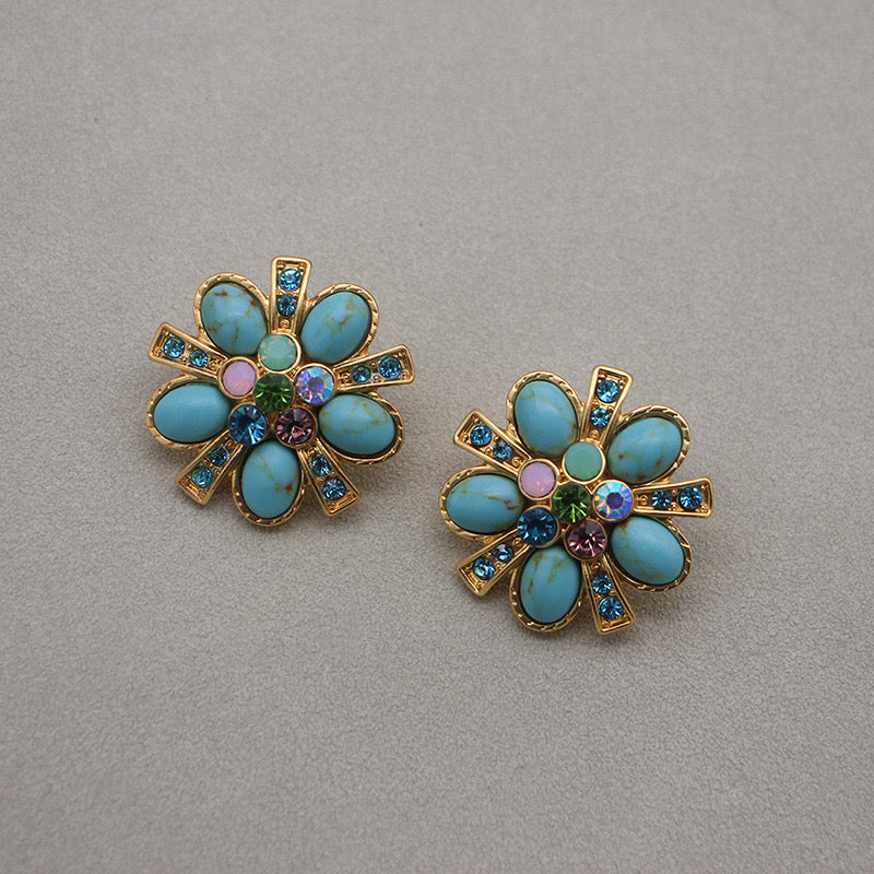 Boucles d'Oreilles Turquoise – Fleur Éternelle, Argent Plaqué Or