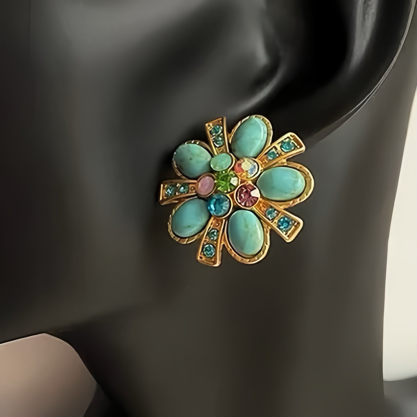 Boucles d'Oreilles Turquoise – Fleur Éternelle, Argent Plaqué Or