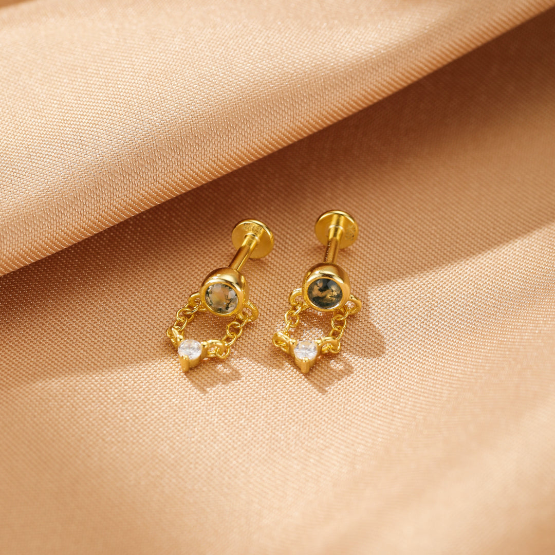 Boucles d’Oreille Agate Mousse – Chaîne Élémentaire, Argent Plaqué Or