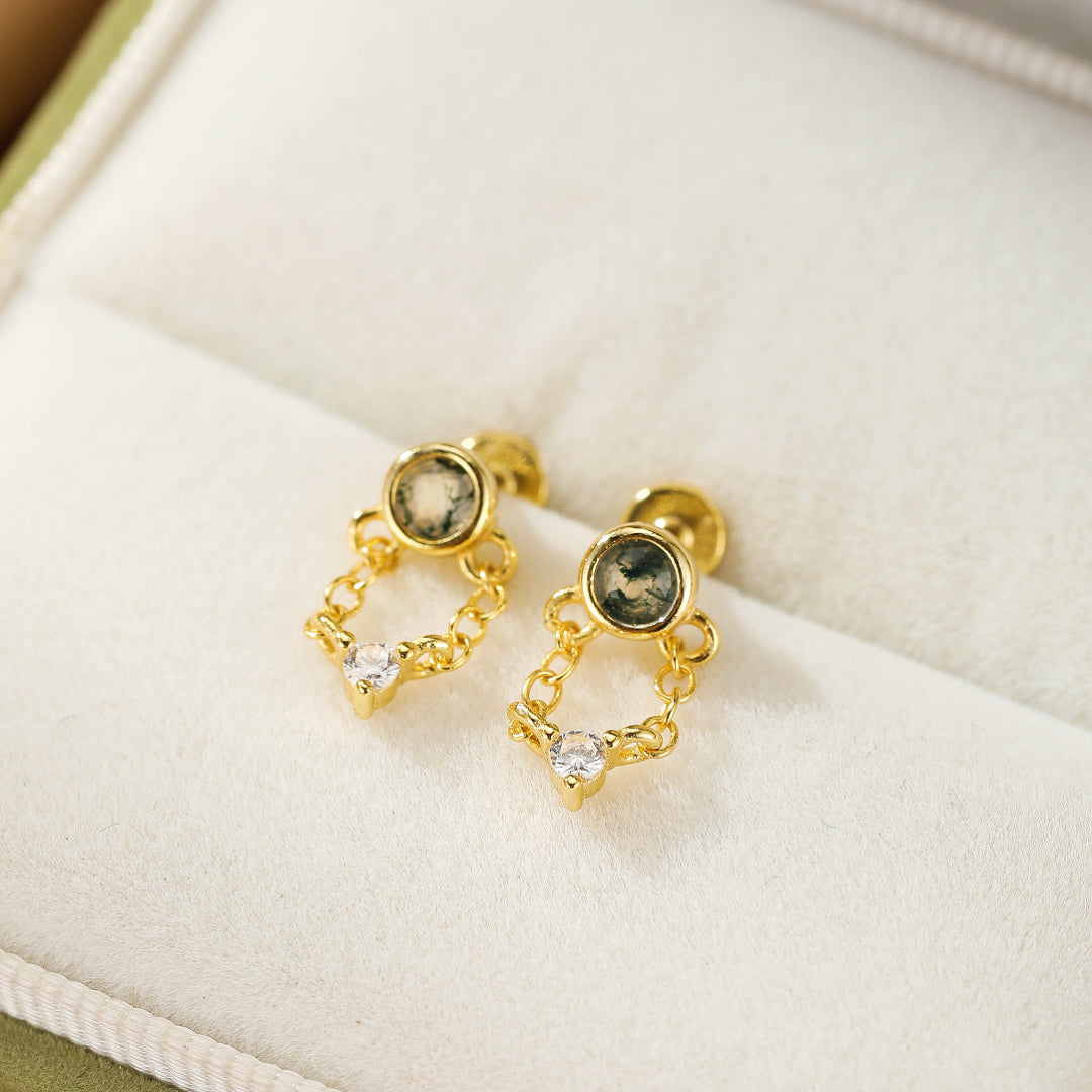 Boucles d’Oreille Agate Mousse – Chaîne Élémentaire, Argent Plaqué Or