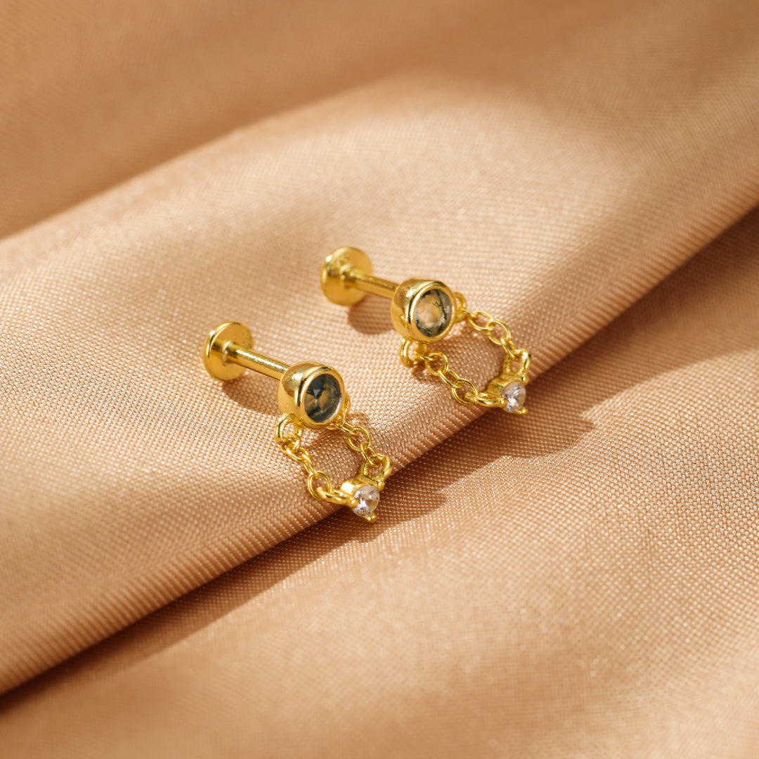 Boucles d’Oreille Agate Mousse – Chaîne Élémentaire, Argent Plaqué Or