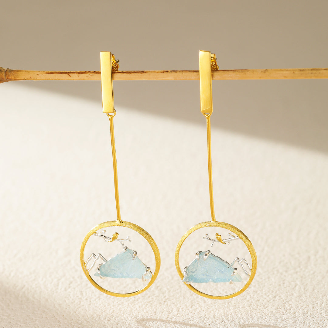 Boucles d'Oreilles Aigue Marine – Petit Oiseau, Argent Plaqué Or