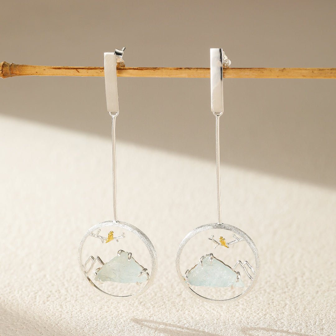 Boucles d'Oreilles Aigue Marine – Petit Oiseau, Argent Plaqué Or