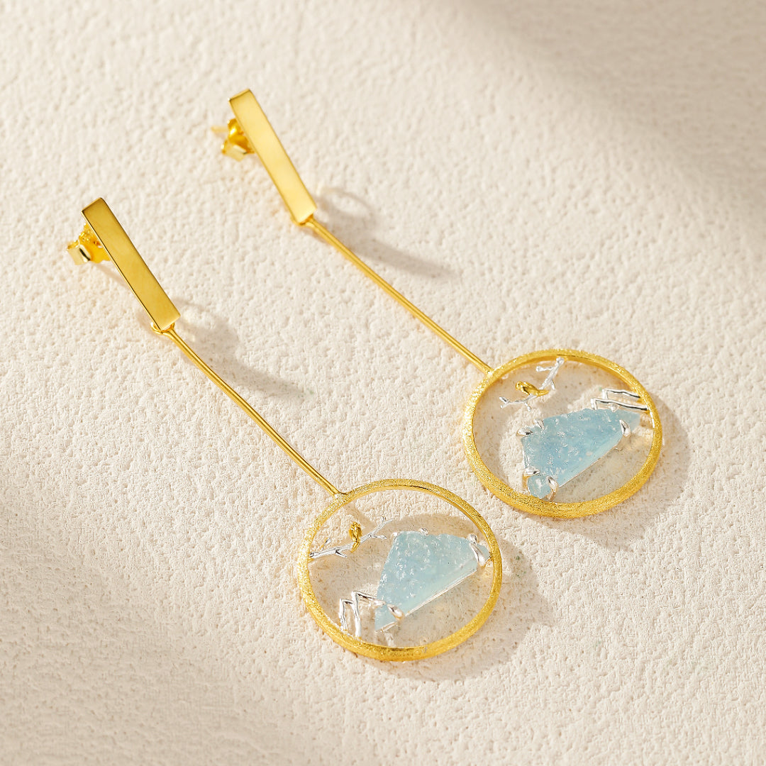 Boucles d'Oreilles Aigue Marine – Petit Oiseau, Argent Plaqué Or